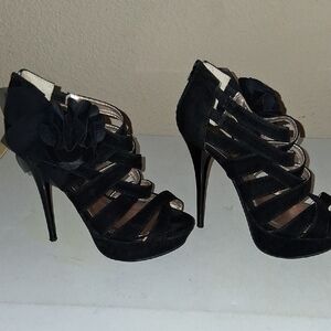 Shi by JOURNEYS Black Strappy Heels with Floral Accent